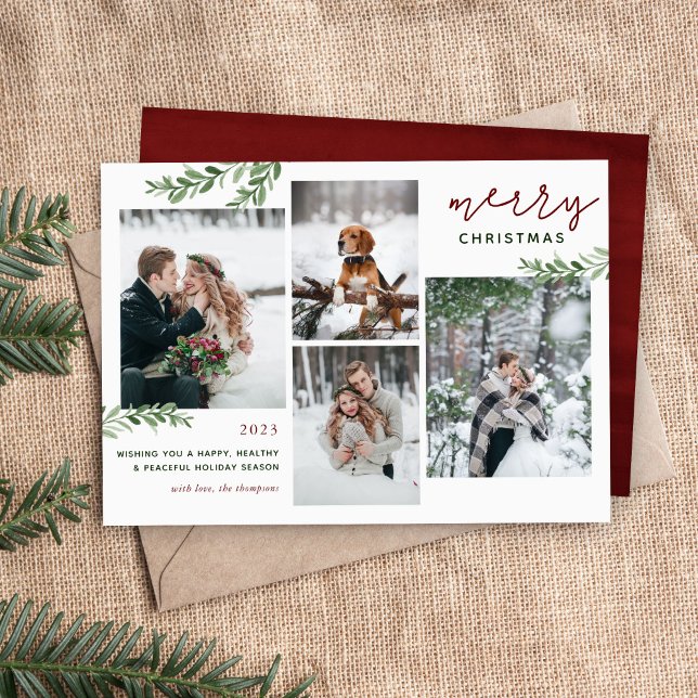 Greenery Branches 4 Photo Collage Holiday Card (Creator Uploaded)