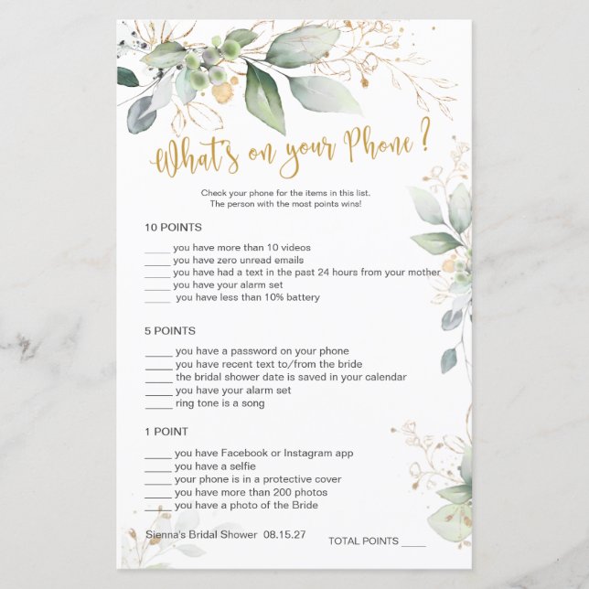 Greenery Bridal Game What's on Your Phone  (Front)