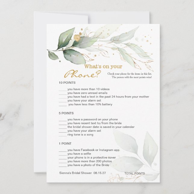 Greenery Bridal Phone game/Wedding Scramble Invitation (Front)