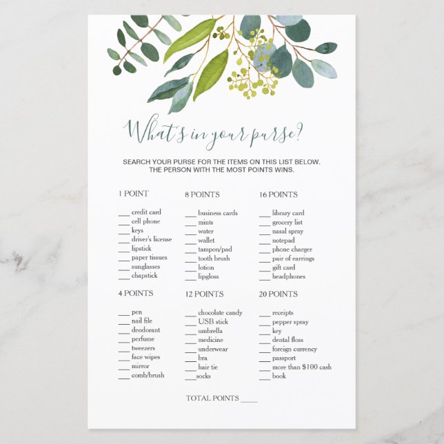 Greenery Bridal Purse game/Wedding Scramble (Front)