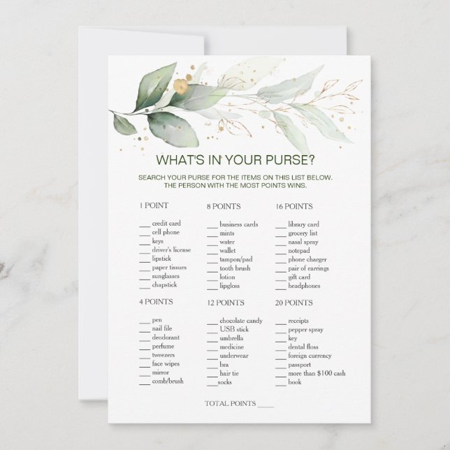 Greenery Bridal Purse game/Wedding Scramble Invitation (Front)