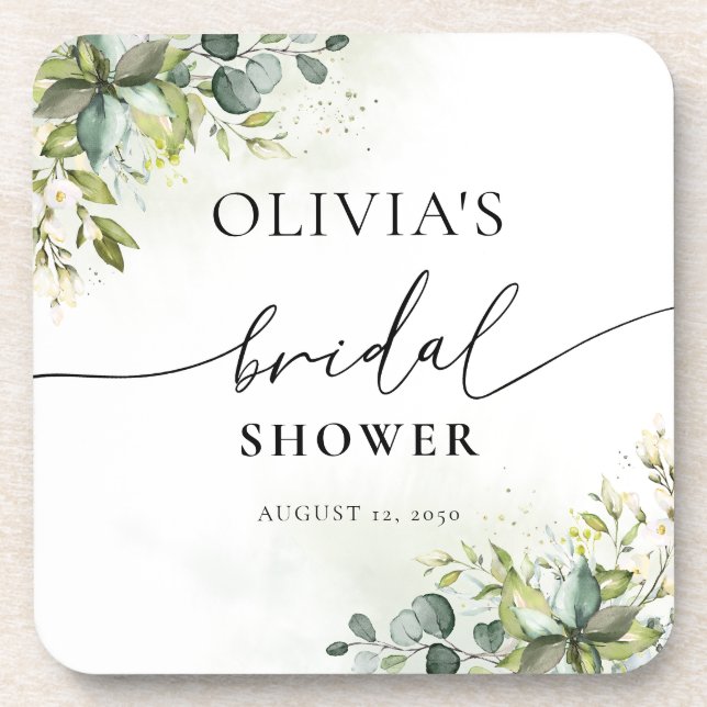 Greenery Bridal Shower beverage coaster (Front)