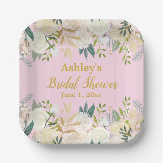 Greenery Bridal Shower Blush Gold Engagement Party Paper Plate (Front)