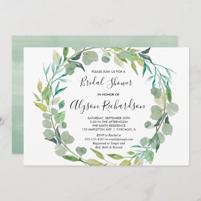 Greenery bridal shower invitation green watercolor (Front/Back)
