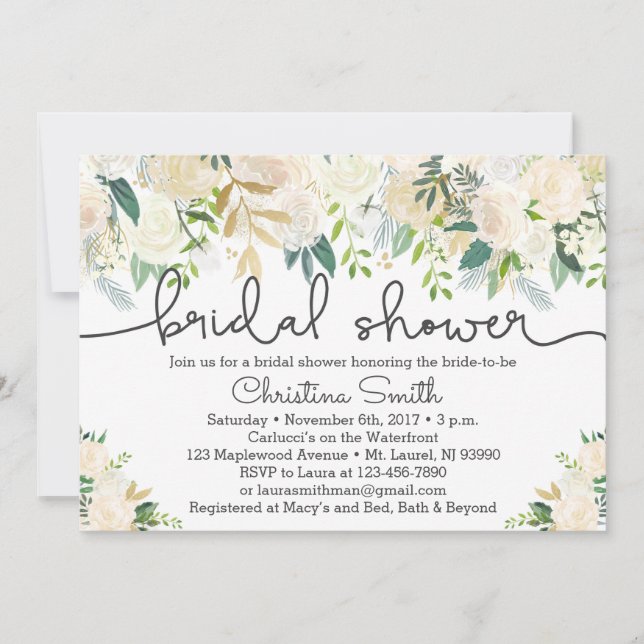 Greenery Bridal Shower Invitation w Ivory Accents (Front)