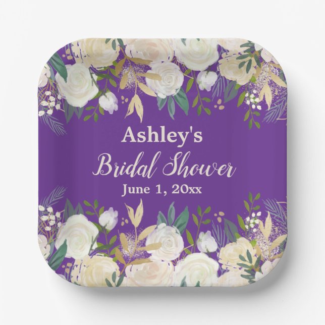 Greenery Bridal Shower Purple Engagement Party Paper Plate (Front)