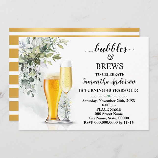 Greenery Bubbles and Brews Adults Birthday Invitation (Front/Back)