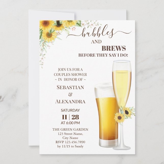 Greenery Bubbles and Brews Couples Shower Invitati Invitation (Front)