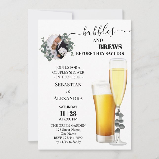 Greenery Bubbles and Brews Couples Shower Invitati Invitation (Front)