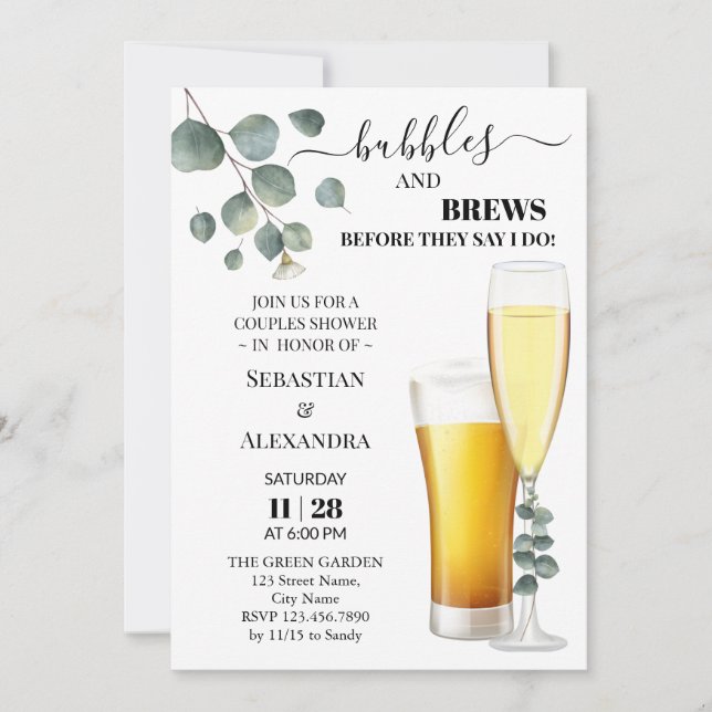 Greenery Bubbles and Brews Couples Shower Invitation (Front)