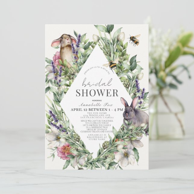 Greenery Bunnies Drive-by Spring Bridal Shower Invitation (Standing Front)