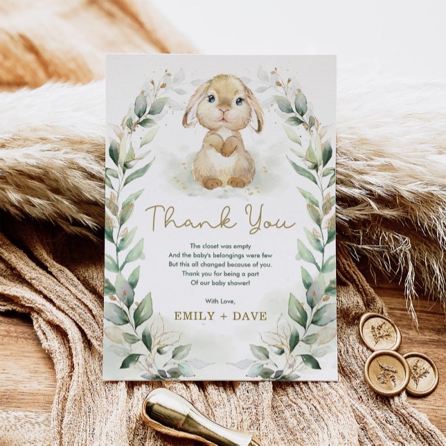 Greenery Bunny Rabbit Neutral Baby Shower Thank You Card (Creator Uploaded)