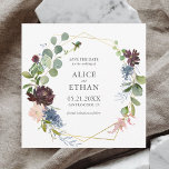 Greenery Burgundy Navy Blue Flowers Wedding Save The Date<br><div class="desc">Our modern square save date date card features a trendy (not real) gold geometric centerpiece with watercolor eucalyptus and burgundy and blue flowers. On the back add your engagement photo.</div>