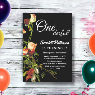 Greenery Burgundy Roses Black Floral 1st Birthday Invitation