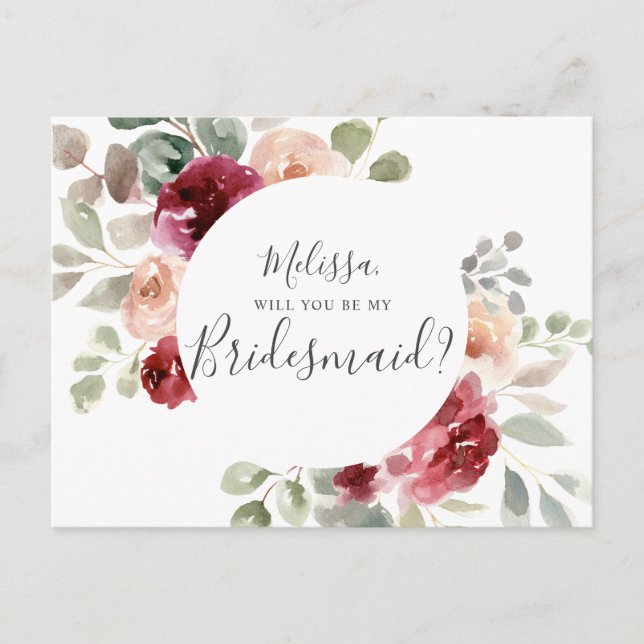 Greenery Burgundy Will You Be My Bridesmaid Invitation Postcard (Front)