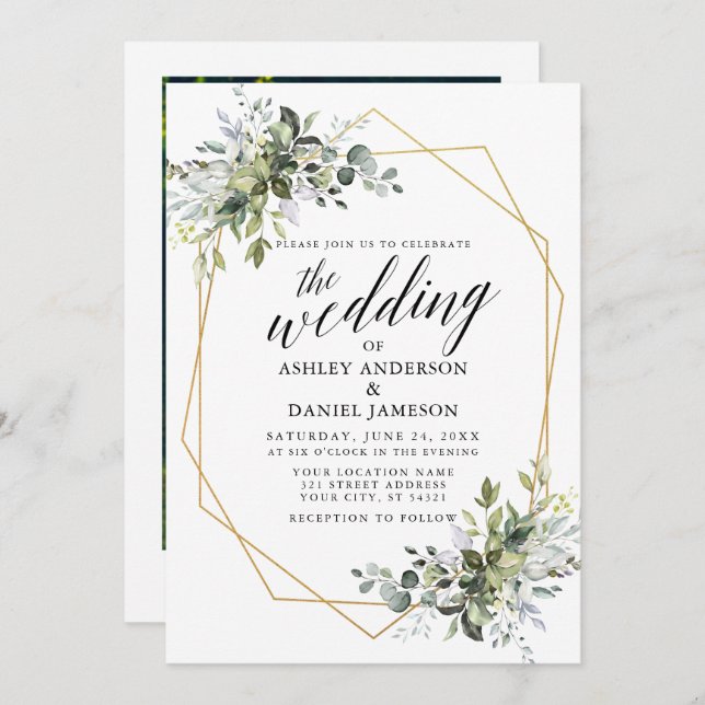 Greenery Calligraphy Geometric Photo Wedding Invitation (Front/Back)