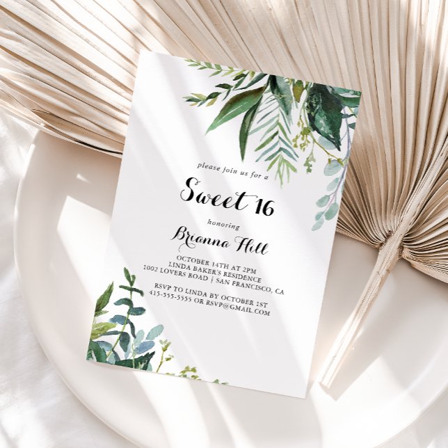 Greenery Calligraphy Sweet 16 Birthday Party Invitation (Creator Uploaded)