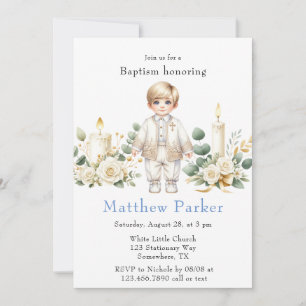 Greenery Candles Cartoon Boy Baptism Invitation