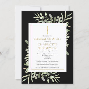 Greenery Celebration of Life Black Gold Funeral Invitation