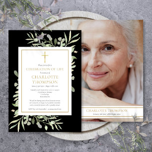 Greenery Celebration of Life Funeral Black Photo Invitation