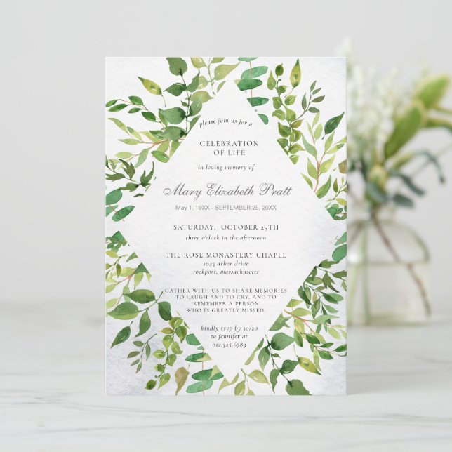 Greenery Celebration of Life Funeral Invitation (Standing Front)