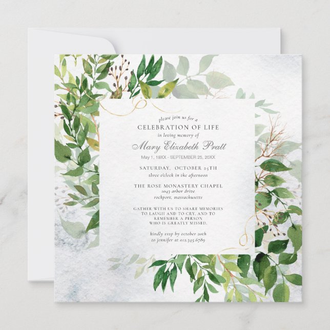 Greenery Celebration of Life Funeral Invitation (Front)