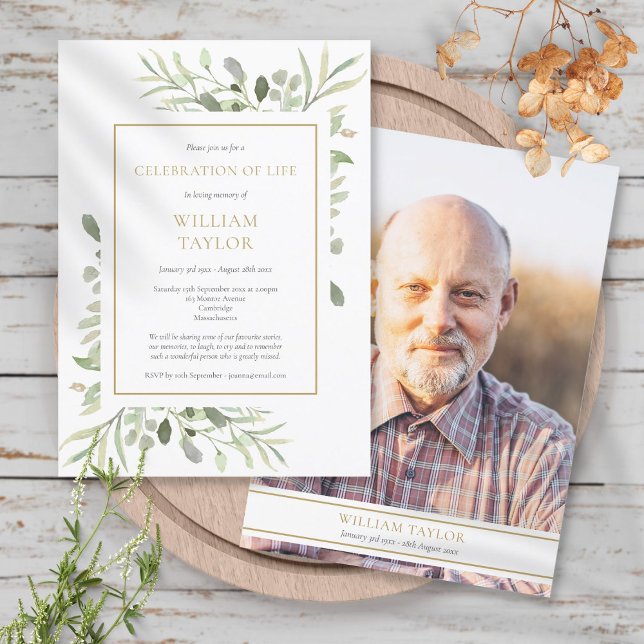Greenery Celebration of Life Modern Photo Funeral  Invitation (Greenery Celebration of Life Modern Photo Funeral Invitation)