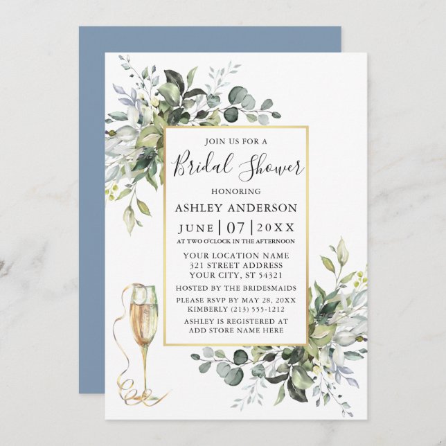 Greenery Champagne Glass Dusty Blue Shower Invitation (Front/Back)