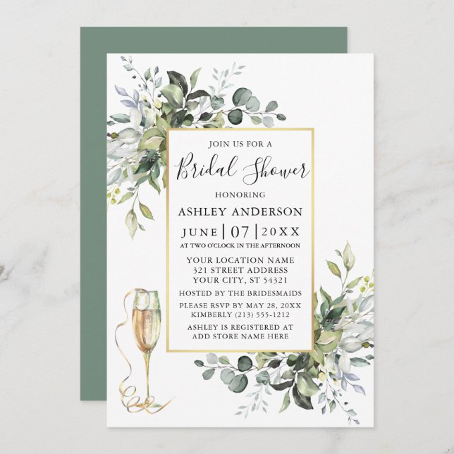 Greenery Champagne Glass Sage Green Shower Invitation (Front/Back)