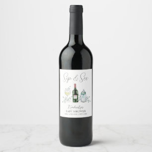 Greenery Champagne Sip & See Baby Shower Wine Label