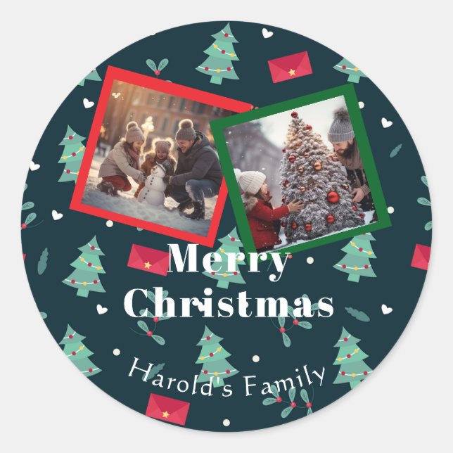 Greenery Christmas Monogram Photo  Classic Round Sticker (Front)