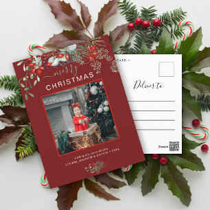 Greenery Christmas Photo Watercolor Burgundy Holiday Postcard
