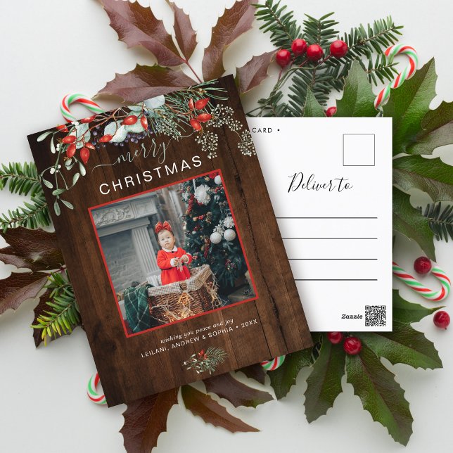 Greenery Christmas Photo Watercolor Dark Wood Holiday Postcard (You will love these beautiful Christmas cards! They feature botanical watercolor pine and berries.)