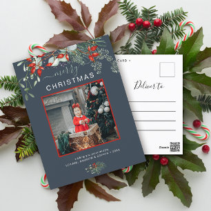 Greenery Christmas Photo Watercolor Slate Blue Holiday Postcard