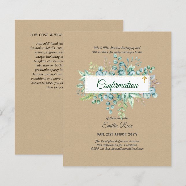 Greenery CONFIRMATION Invite Modern Double Sided (Front/Back)
