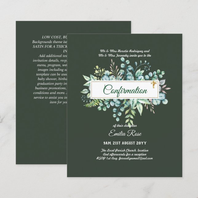 Greenery CONFIRMATION Invite Modern Double Sided (Front/Back)