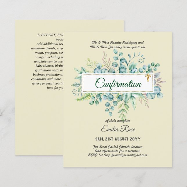 Greenery CONFIRMATION Invite Modern Double Sided (Front/Back)