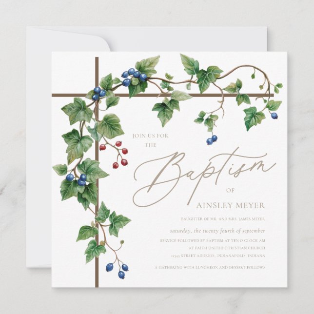 Greenery Covered Cross Gold Script Baptism Invitation (Front)