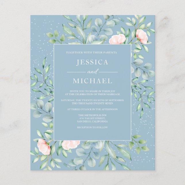Greenery Cream Roses Dusty Blue Wedding Invitation Flyer (Front)