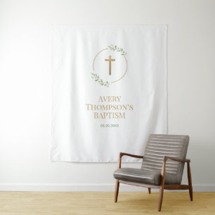 Greenery Cross Baptism backdrop Personalised Tapestry