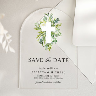 Greenery Cross Catholic Wedding Save the Date Acrylic Invitations