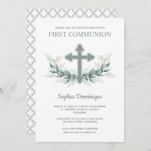 Greenery Cross First Communion Invitations