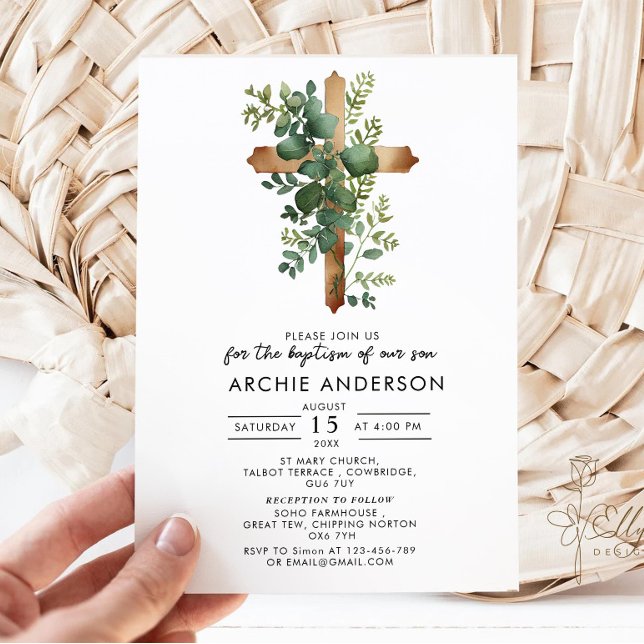 Greenery Cross Minimalist Baptism Christening   Invitation (Creator Uploaded)