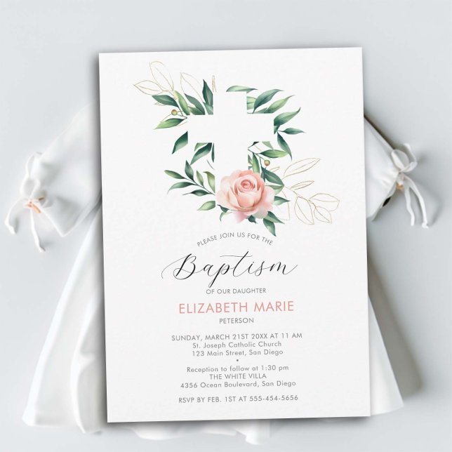 Greenery Cross Pink Blush Gold Baby Girl Baptism Invitation (baby girl baptism invitation christening botanical greenery white cross pink blush rose elegant chic)