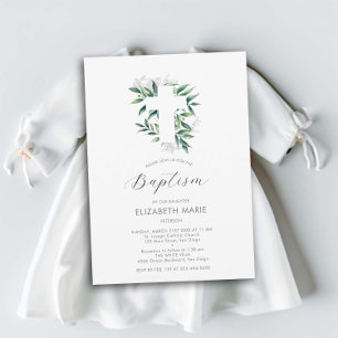 Greenery Cross White Green Baby Child Baptism Invitation