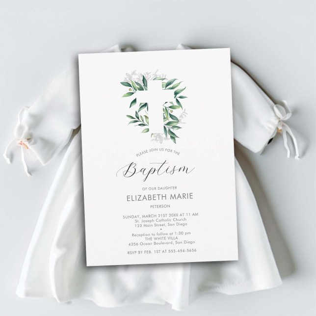 Greenery Cross White Green Baby Child Baptism Invitation (baby child baptism christening invitation white cross greenery botanical foliage watercolor elegant )