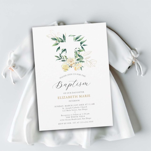 Greenery Cross Yellow Floral Baby Toddler Baptism Invitation (greenery white cross yellow floral baby todder baptism christnening invitation elegant modern classy)