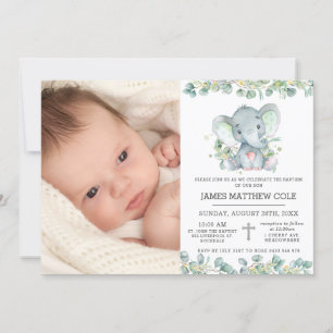 Greenery Cute Elephant Baptism Christening Photo Invitation