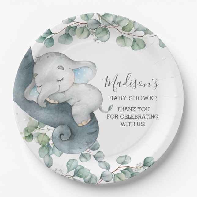 Greenery Cute Elephant Boy Baby Shower Birthday Paper Plate (Front)