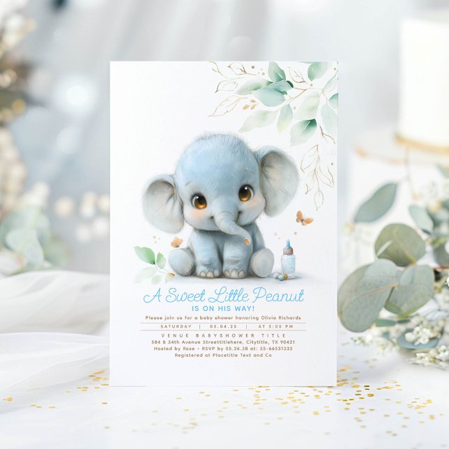 Greenery Cute Elephant Boy Baby Shower Invitation (Little Elephant Boy Baby Shower Invitations)